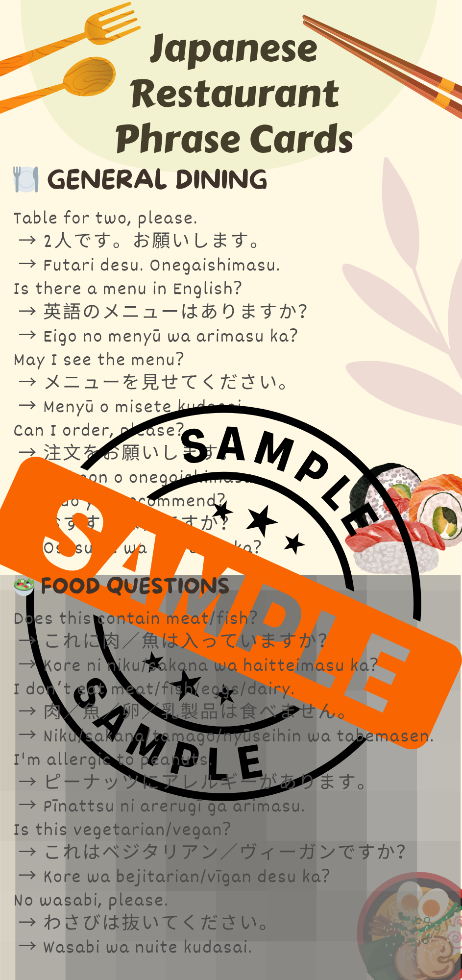 Japanese Restaurant Phrase Cards – Printable Travel Language Pack